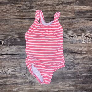 Girls Pink and White Striped One-Piece Swimsuit